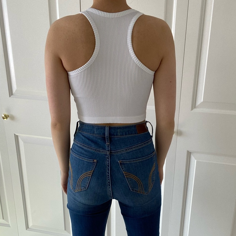 VIBE - White Ribbed Racerback Cropped Classic Basic Tank Top - Picture 5 of 8